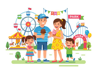 Fototapeta premium Happy family enjoying ice cream at an amusement park with rides like a Ferris wheel and roller coaster