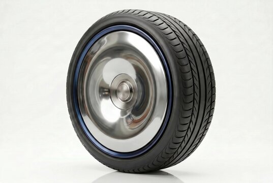 Futuristic car wheel with glossy chrome aerodynamic aero-disc design and blue rim on white background.