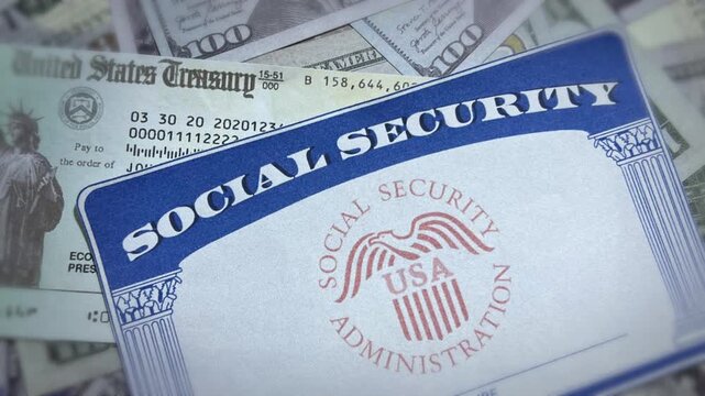 Social security card and US treasury check with hundred dollar bills background for financial planning and retirement, 4k footage