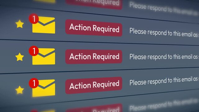 Urgent email notification with action required alert for communication management, 4k animation for business use