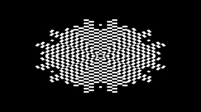 Black and white pixel snowflake glitch with geometric distortion and digital noise looping on dark background. Animated symmetry pattern suits electronic music visual and techno rave VJ loop.
