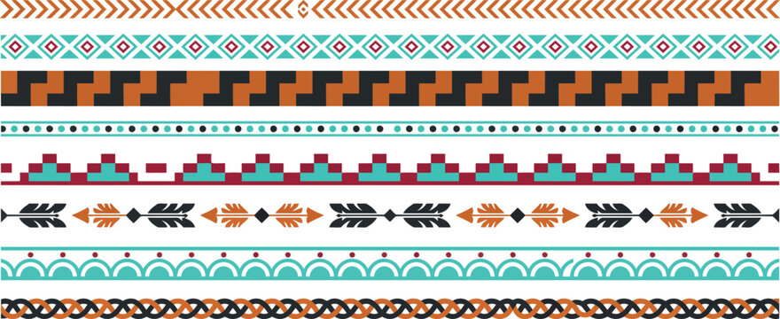 Native American Ethnic Seamless Border Vector Pattern Set with Tribal Geometric Shapes Aztec Ribbons Chevron and Arrow Elements for Fabric Textures