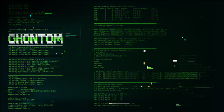 Programming code display with script elements and glitch effects on black background. Vector realistic illustration of green digital screen backdrop, software development, data structure lines