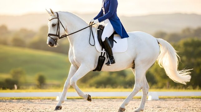 Elegant white horse performing a dressage movement with a professional rider wearing a blue jacket during a sunny afternoon session