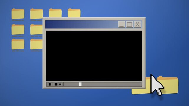 Retro computer desktop with a vintage media player window, folder icons and pixel cursor on a blue screen, nostalgic 90s tech mood for marketing content