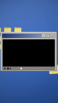 Vertical retro media player window with blank screen and folder icons on a blue desktop, nostalgic 90s computer interface great for mobile tech promos