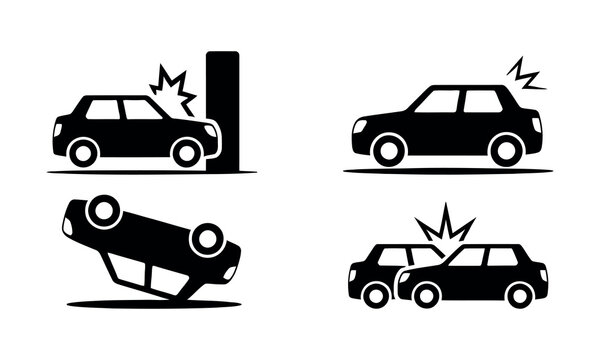 Four black and white car accident icons showing different crash types