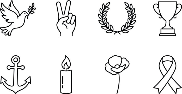 Memorial, Awareness and Peace Icons Set with Dove, Poppy, Ribbon and Victory Laurel Wreath