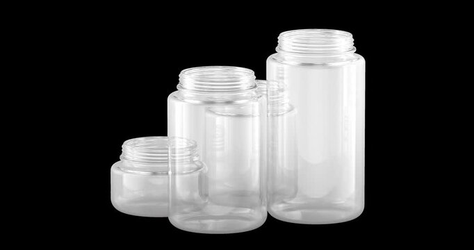 Empty glass jars set rotation animation seamlessly loopable. 3D rendering isolated on transparent background