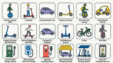 Flat Vector Icon Set of Electric Mobility and Charging Solutions, Including EUC, E-Scooters, EVs, E-Bike, and Charging Stations, Clean Graphic Design with Outline Style © Ahyan