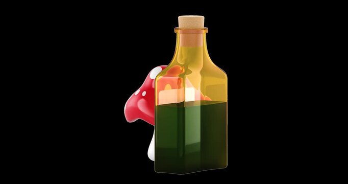Fly agaric mushroom and poison bottle rotation animation seamlessly loopable. 3D rendering isolated on transparent background