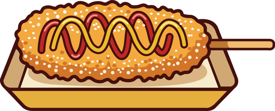 Crispy Corn Dog on Tray with Ketchup and Mustard Illustration