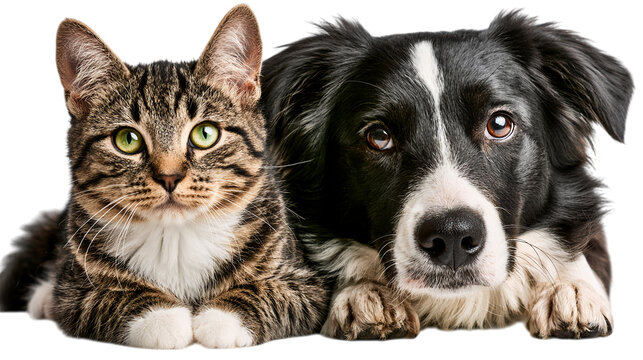 A tabby cat and a border collie dog lying down together on transparent background animal pet