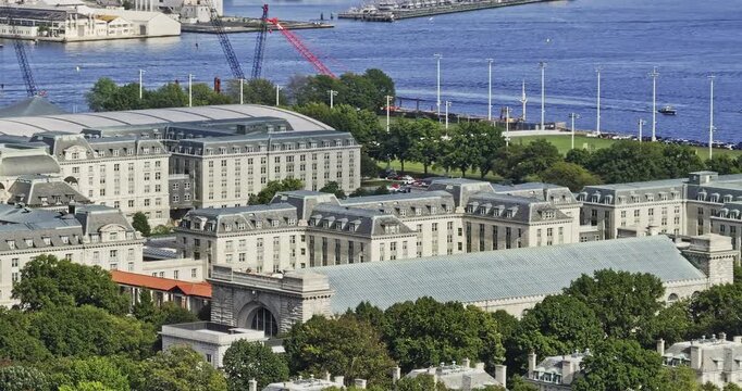 Annapolis Maryland Aerial v7 zoomed flyover Naval Academy campus capturing historic, neoclassical buildings in the grounds and Severn river views - Shot with Mavic 3 Pro Cine - September 2023