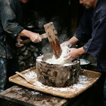 a person is making  Japanese mochi rice cakes, pounding hot steamed glutinous rice paste with a heavy wooden mallet in a traditional usu 