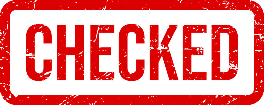 Bold red grunge rubber stamp with the word checked printed in a rough textured font style