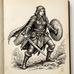 Fototapeta premium Vintage illustration of a knight on a horse with a lance.