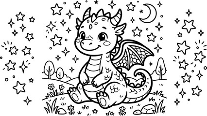 Fototapeta premium Baby dragon coloer page enchanting line art for kids' coloring books and fantasy illustrations
