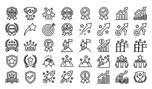Quality and success linear icons set thin line badge trophy and certified symbols vector