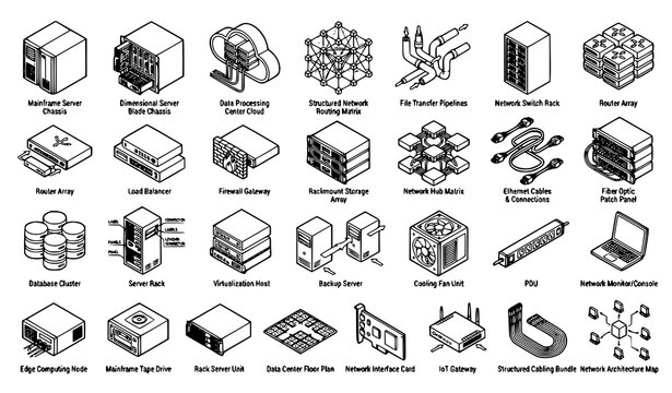 Isometric server and cloud data traffic outline icons collection technical line art vector