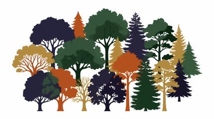 Diverse Flat Design Tree Silhouettes in Autumn Colors, Collection of Deciduous and Coniferous Forest Elements, Graphic Illustration with White Background and Copy Space © Ahyan