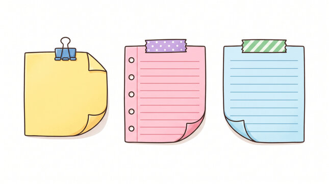 Set of colorful cartoon sticky notes and memo paper frames with binder clip and decorative washi tape elements. Hand drawn doodle style note pads for planners, journals, and digital scrapbooking.