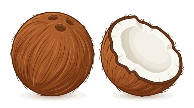 An illustration of a whole coconut and a halved coconut showcasing its interior.