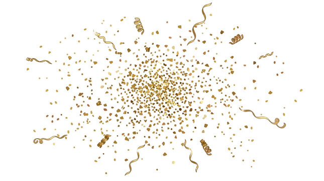 Golden confetti explodes in air with ribbons and dots flying everywhere outside