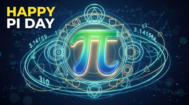Happy pi day celebration with a glowing green and blue mathematical pi symbol surrounded by neon geometric circles and floating numbers on a dark blue background