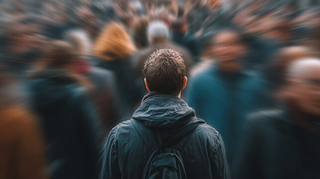 Person standing still in a blurred crowd symbolizes anxiety, social isolation and emotional overwhelm, representing mental health challenges, stress, resilience, self awareness and recovery