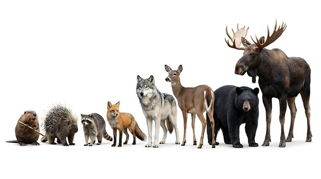 North american wildlife group portrait beaver porcupine raccoon fox wolf deer moose bear