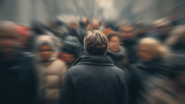 Person standing motionless in a blurred crowd symbolizes anxiety, panic and emotional overload. Conceptual urban scene explores mental health, social pressure, burnout, isolation and overwhelm