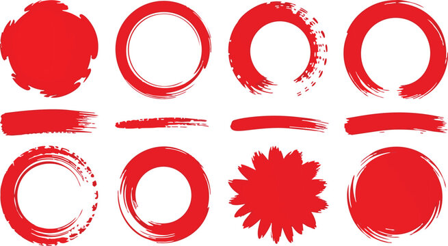 Red grunge brush drawn circles and dots. Japanese red circles and round vector brush strokes. Seal stamp with round edges, grunge asia rough badges collection. Scribble ink illustration.