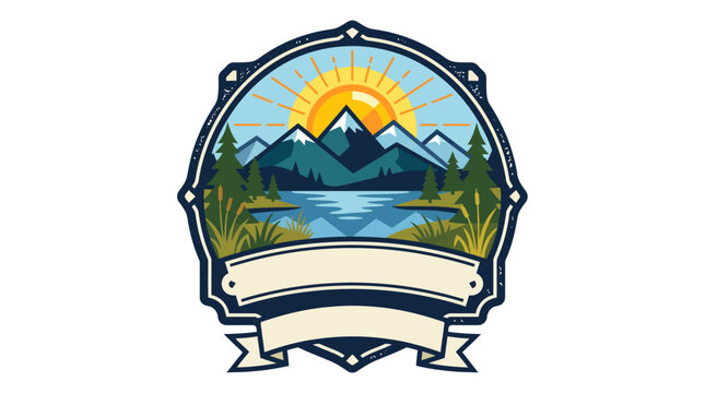 Mountain landscape badge with sunrise and pine trees