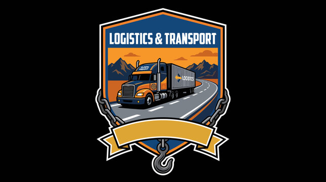 Logistics and transport semi truck driving on highway shield