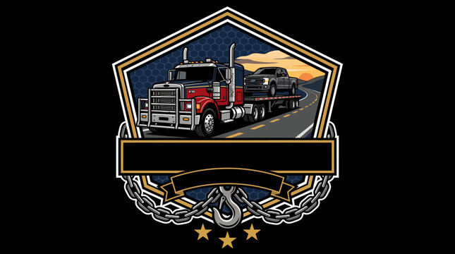 Semi truck hauling pickup vehicle on highway sunset emblem