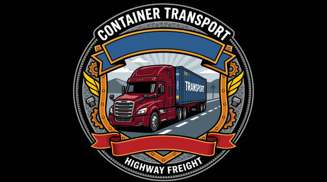 Red semi truck with blue shipping container highway freight logo