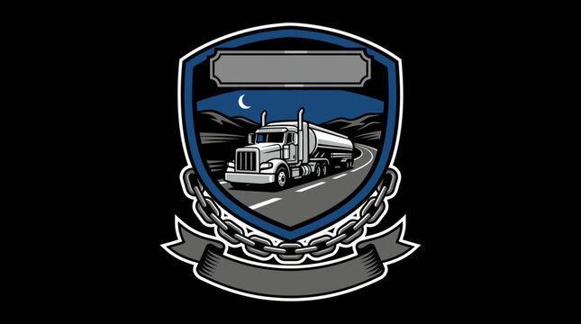 Heavy duty tanker truck emblem with mountain landscape and chain