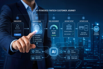 Fototapeta premium Businessman interacting with AI-powered fintech customer journey verification workflow onboarding verification risk assessment account setup activation AML screening fraud detection data security