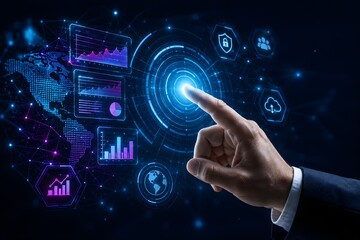 Fototapeta premium Hand pointing at glowing blue circular interface with technology symbols on dark background
