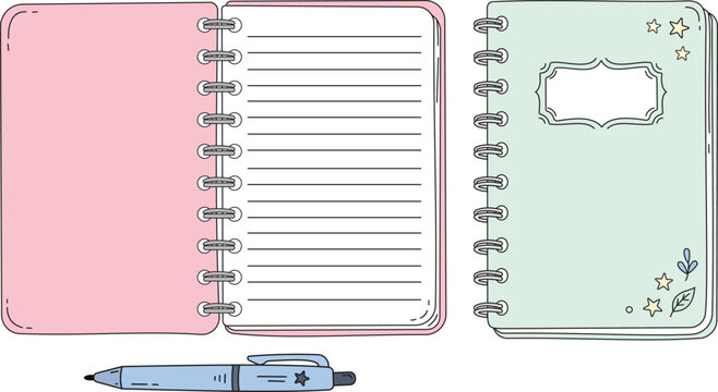 Doodle colorful spiral bound notebooks and pen. Flat Vector illustration