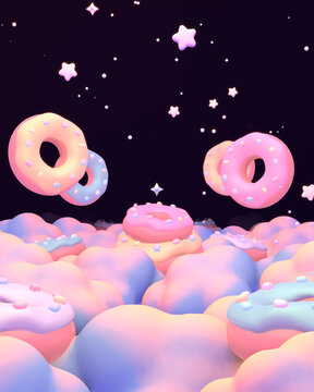3D render of dreamy donuts on clouds at night.