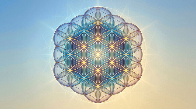 Radiant sacred geometry mandala with luminous overlapping cosmic circles.