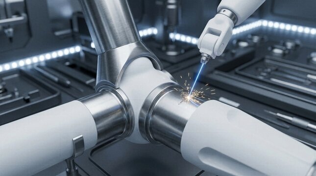 Precision automated robotic arm laser welding shiny stainless steel pipe joint with flying sparks in modern heavy industrial manufacturing plant