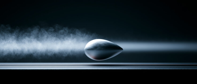 Metallic streamlined object moving at high speed with smoke trail representing aerodynamics and physics test on dark background