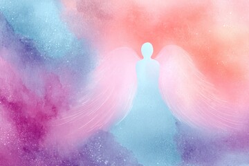 Fototapeta premium Delicate watercolor composition gentle angel with flowing soft wings on pastel tone background. Ideal for church events, inspirational art and faith-based branding