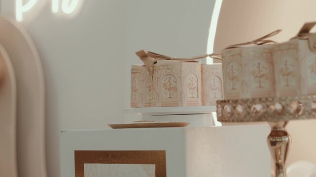 Decorative christening favor boxes with carousel print and ribbon ties arranged on a white display stand