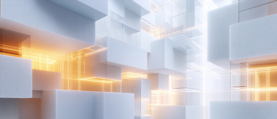 Fototapeta premium Abstract futuristic 3D geometric background with white cube structures and glowing orange light lines