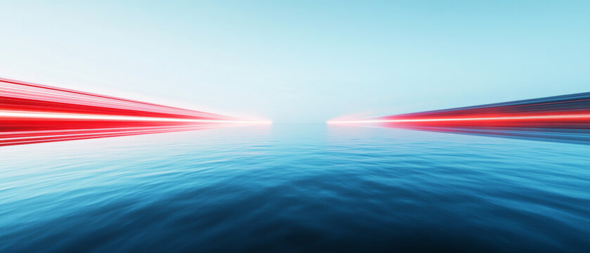 Abstract high speed technology background with red light trails motion blur over calm blue ocean water surface