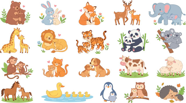 Cute Cartoon Animal Parents and Babies Sticker Set with Bear Fox Elephant Lion Panda Tiger Giraffe and Koala Families Vector Graphic Illustration